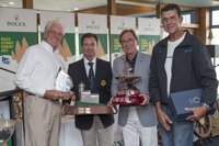 2013 Southern Cross Cup winning team CYCA White: Roger Hickman (Wild Rose), Commodore Howard Piggott, Dr Darryl Hodgkinson (Victoire) and Tony Kirby (Patrice) accepting their trophies at the official prizegiving of the Rolex Sydney Hobart 2013