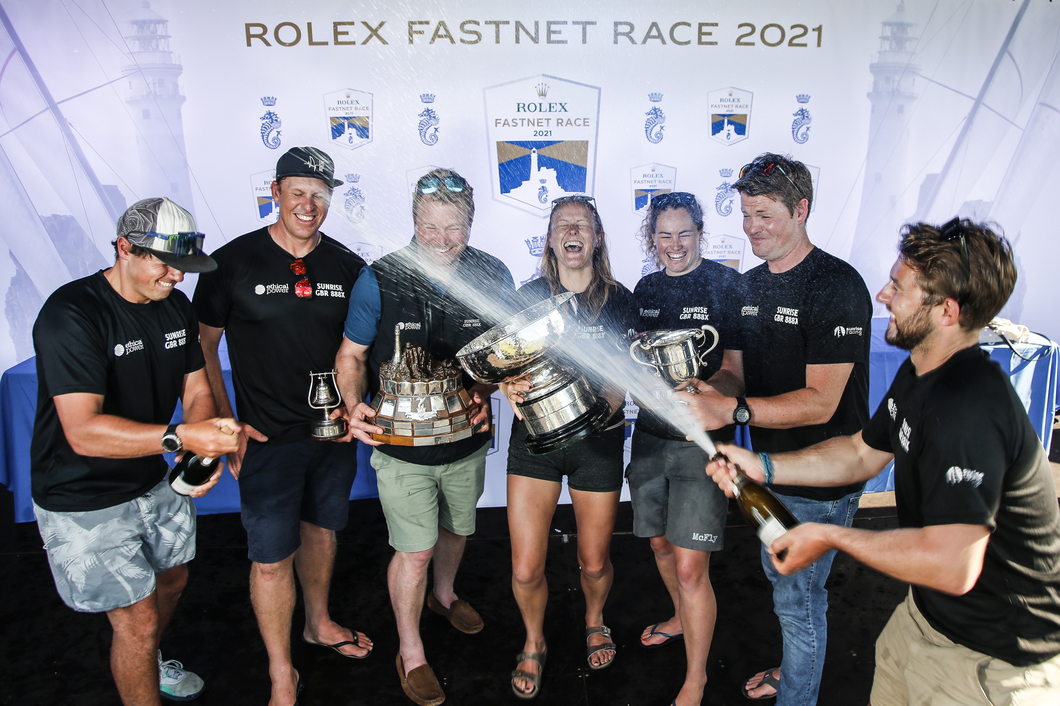 Kneen and his crew celebrate the Rolex Fastnet Race triumph. Photo: RORC/Paul Wyeth